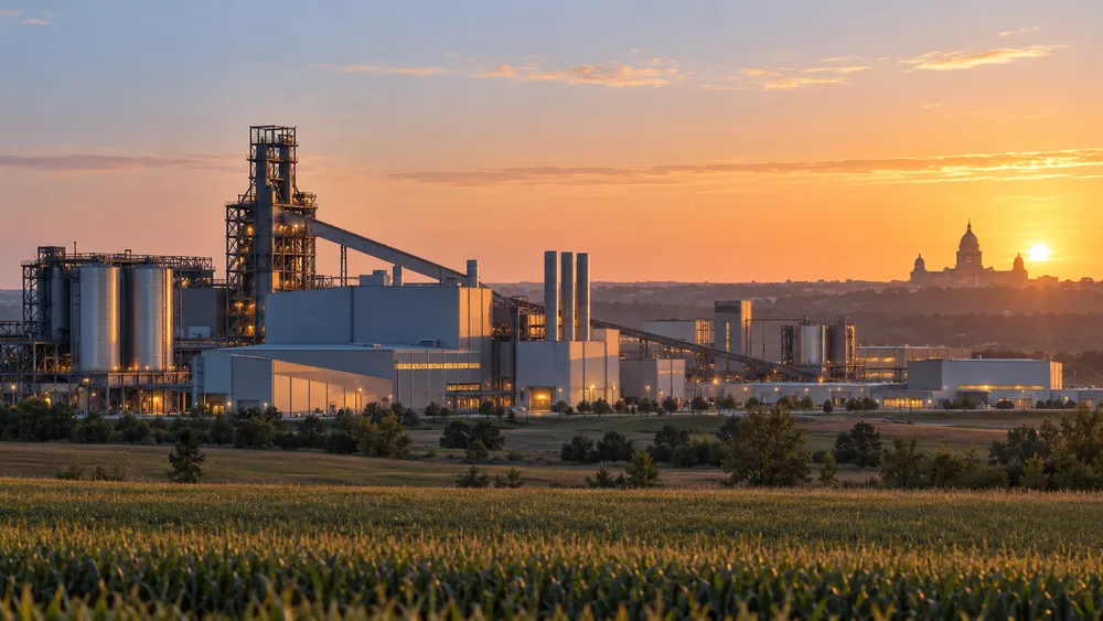 Illustrative modern steel complex on the Iowa prairie with a distant capitol-style dome