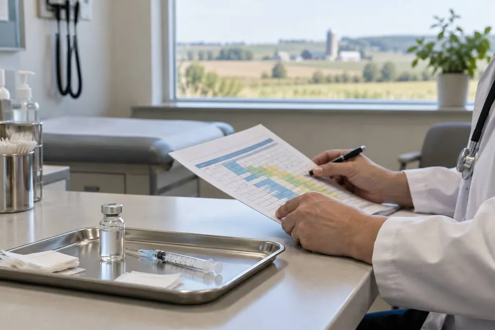 Clinician reviewing an immunization chart in a rural Iowa clinic setting