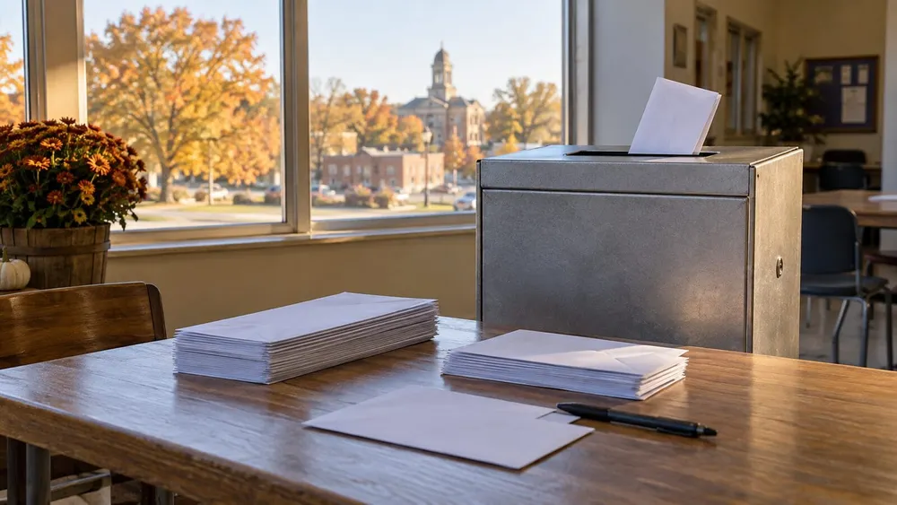 Unbranded ballot box and blank envelopes in an Iowa civic setting during autumn