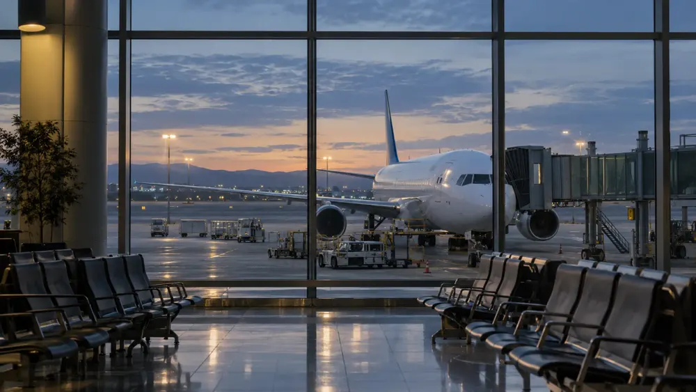 An empty airport gate at predawn with a passenger jet parked outside the terminal windows