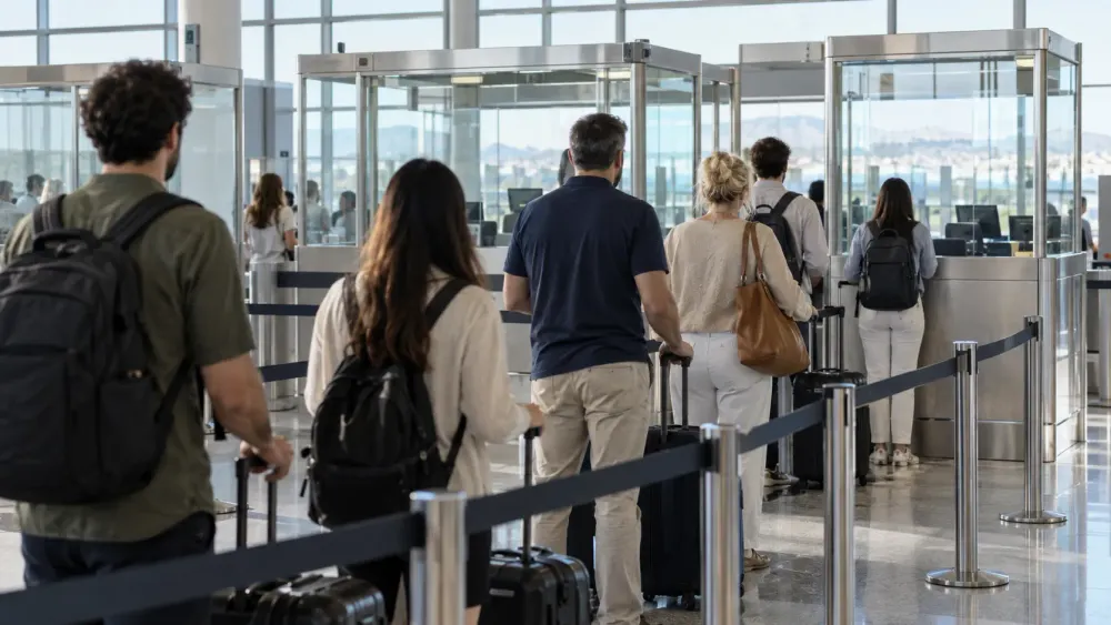 Travelers queue at an unbranded airport border inspection area in natural daylight