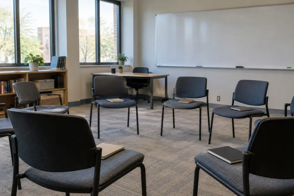 Empty teacher-training seminar room with chairs arranged in a circle