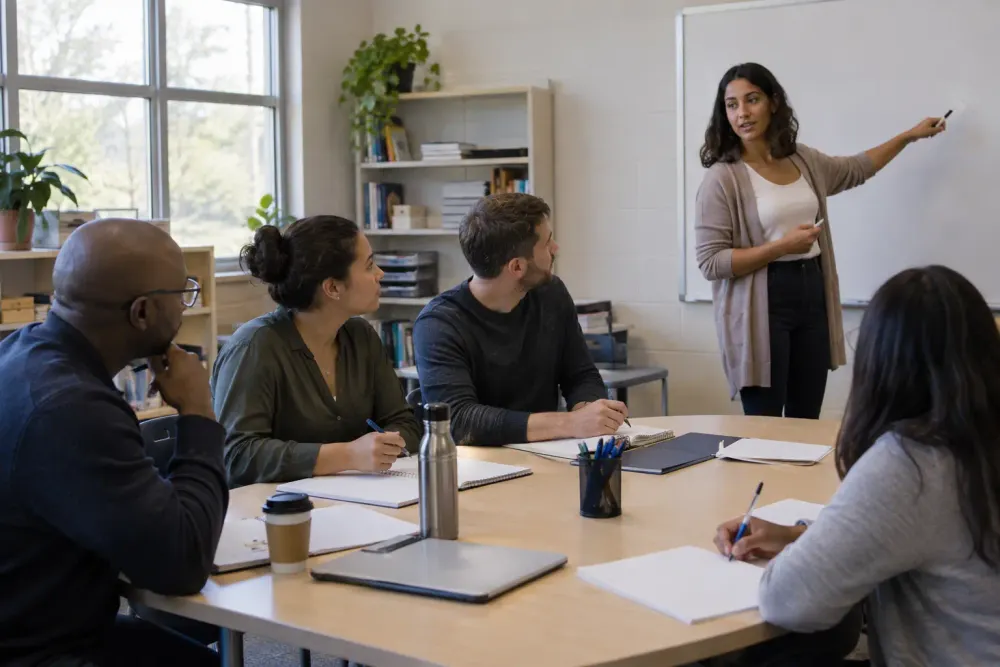 Adult educators attend a teacher-training workshop in a sunlit classroom.