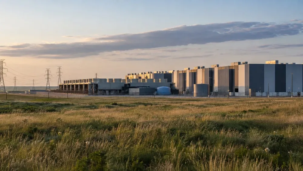 A large unbranded data center campus beside Kansas prairie grass and high-voltage transmission lines.