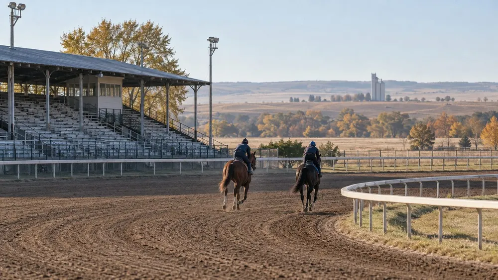 Two racehorses warming up on a rural Kansas dirt track beside an empty grandstand