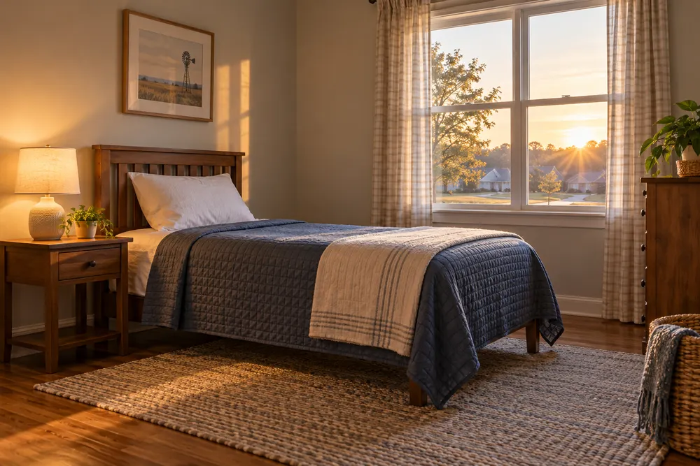 An empty, orderly foster-family bedroom with a made bed and warm morning light in Kansas