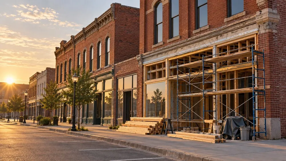 Representative editorial image of a historic Kansas downtown storefront undergoing renovation.
