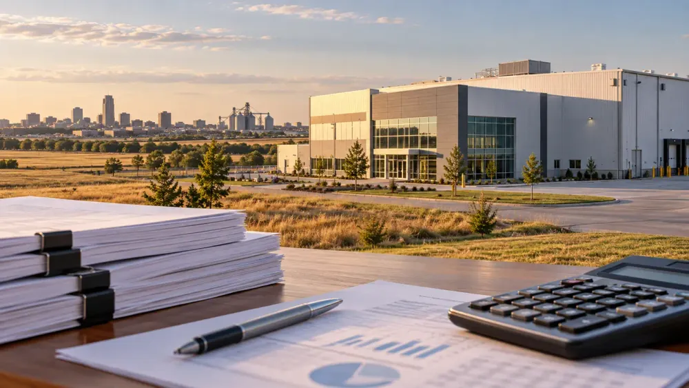 A modern Kansas manufacturing facility seen behind blank financial documents and a calculator.