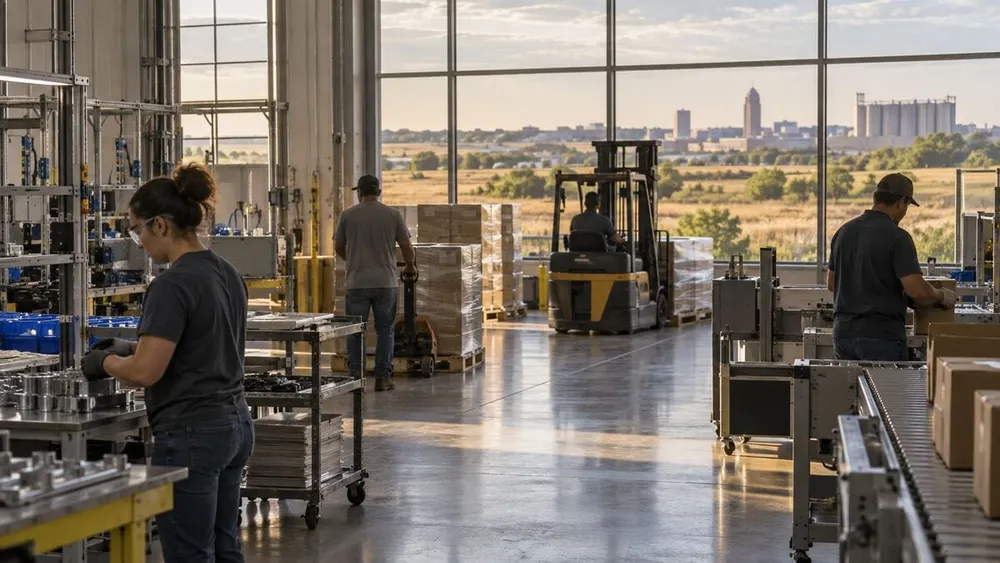 Editorial illustration of anonymous workers in a modern Kansas manufacturing and logistics facility beside prairie land.