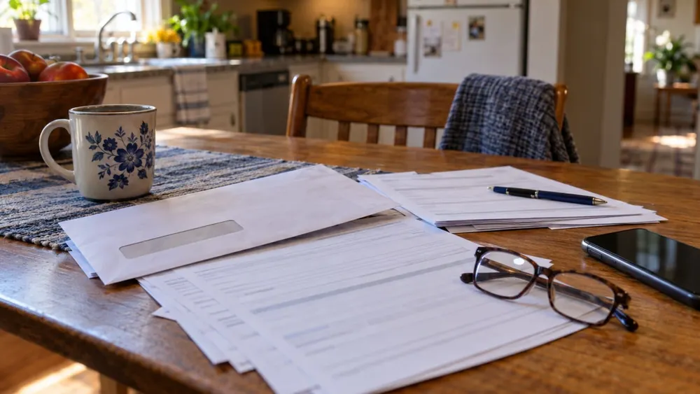 Conceptual editorial image of unbranded eligibility forms, an envelope, glasses and a phone on a household kitchen table.
