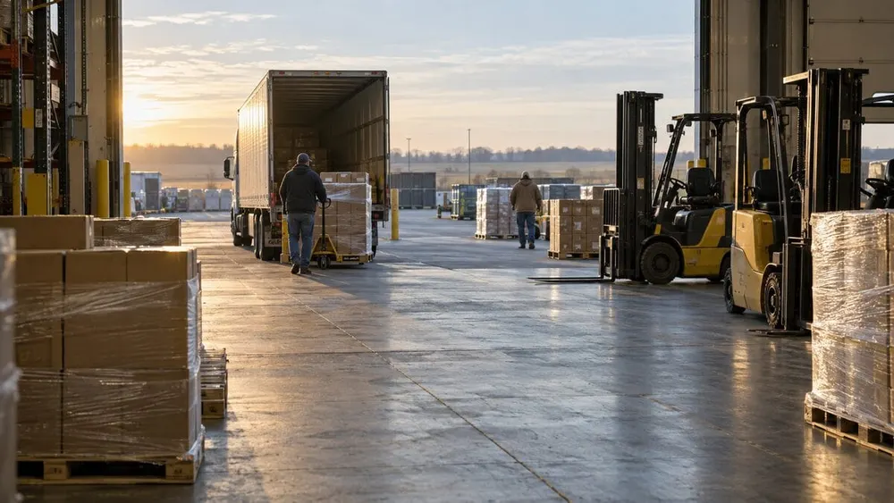 Workers and parked forklifts in a generic warehouse loading area at sunrise
