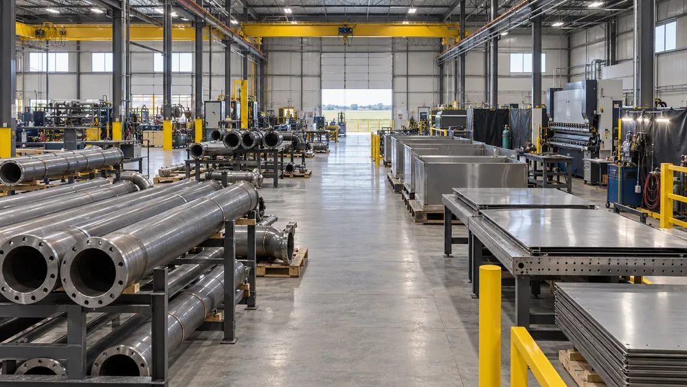 A clean, modern metal fabrication floor with organized pipe assemblies and workstations in Kansas.