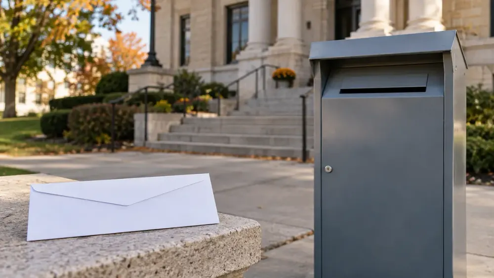 Blank mail ballot envelope beside a generic secure drop box outside a courthouse