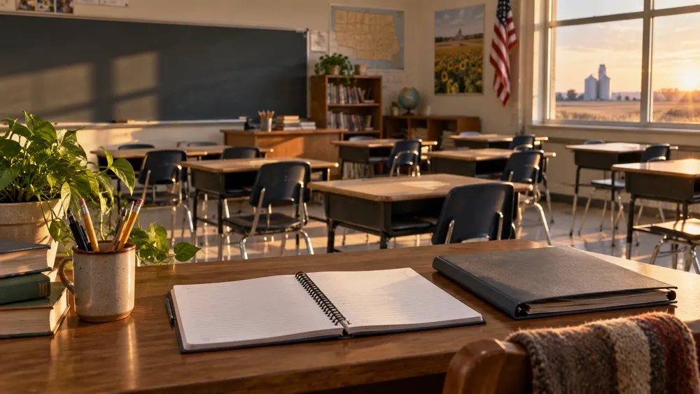 An empty classroom with desks, an open lesson-planning notebook and pencils in warm afternoon light.