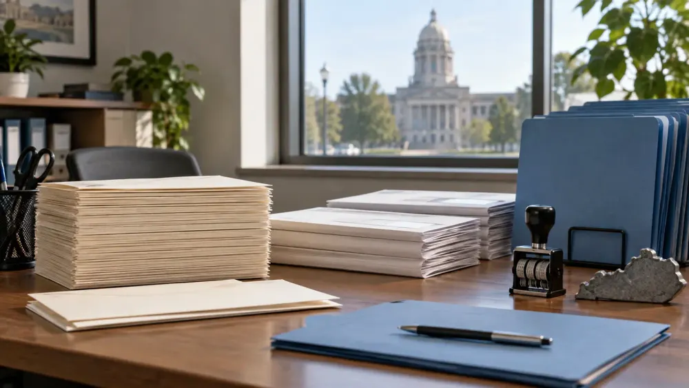 Illustrative county election office desk with blank envelopes and blue privacy folders prepared for absentee voting.