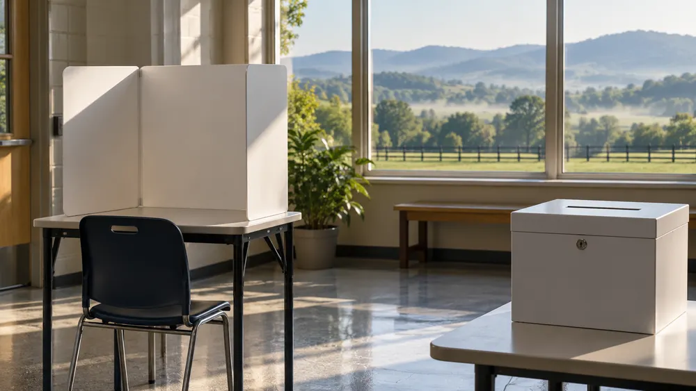 A neutral polling place with an unmarked privacy booth and ballot box overlooking Kentucky hills.