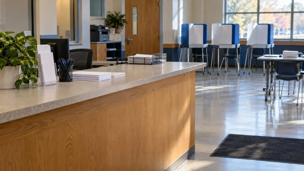 A quiet county election office prepared with privacy booths and blank forms.