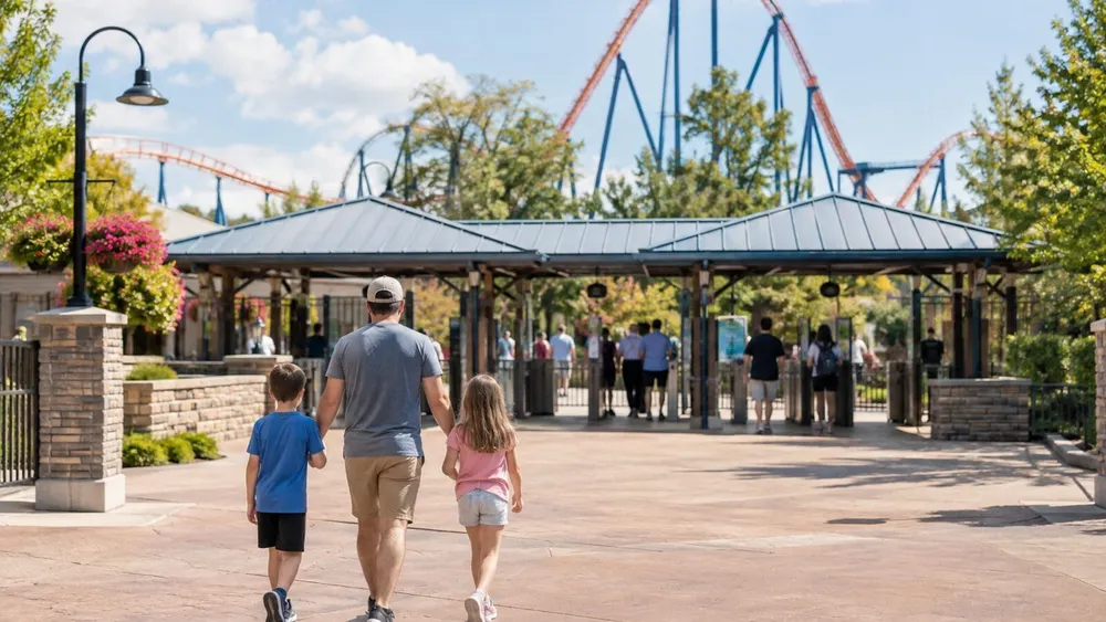 An adult and two children walk toward the entrance of a regional amusement park with a roller coaster in the background.