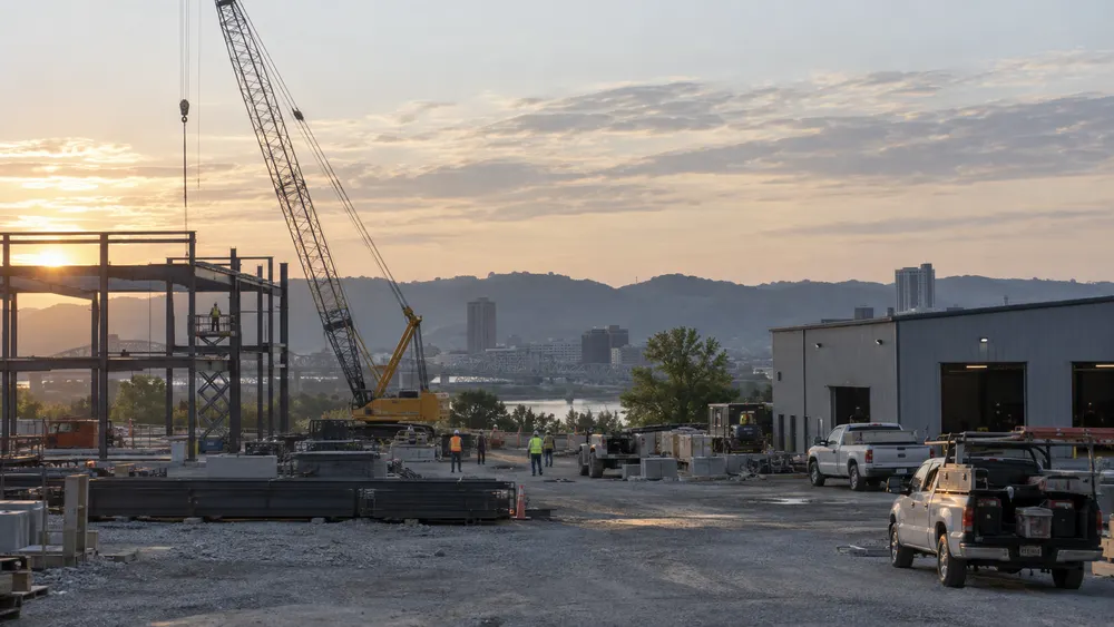 Illustrative early-morning view of a construction site and manufacturing building in a Kentucky city.