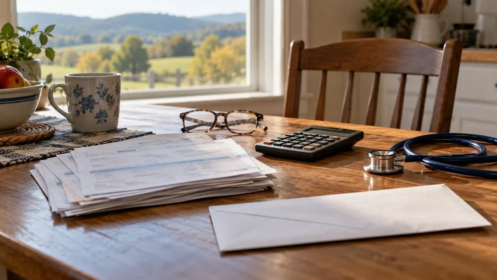Medical bills, calculator, stethoscope and an unmarked envelope on a Kentucky household table