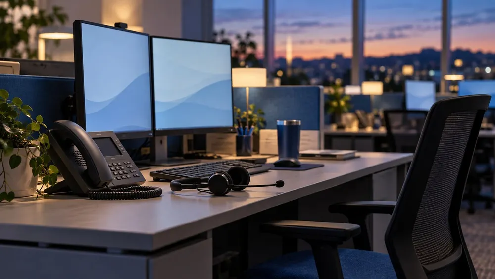 An empty behavioral-health crisis support workstation with telephone and headset in a calm call center at dusk.