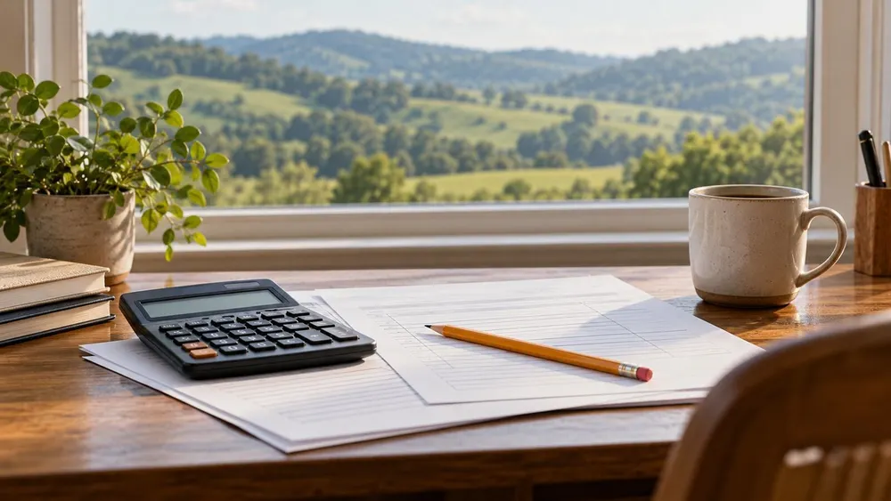 A calculator, pencil and blank tax worksheets on a desk overlooking green Kentucky-style hills