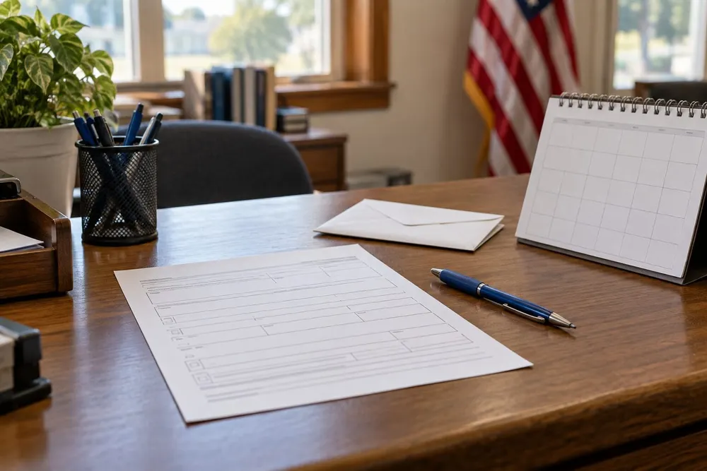 Blank voter registration form, pen, envelope and calendar on a county office desk