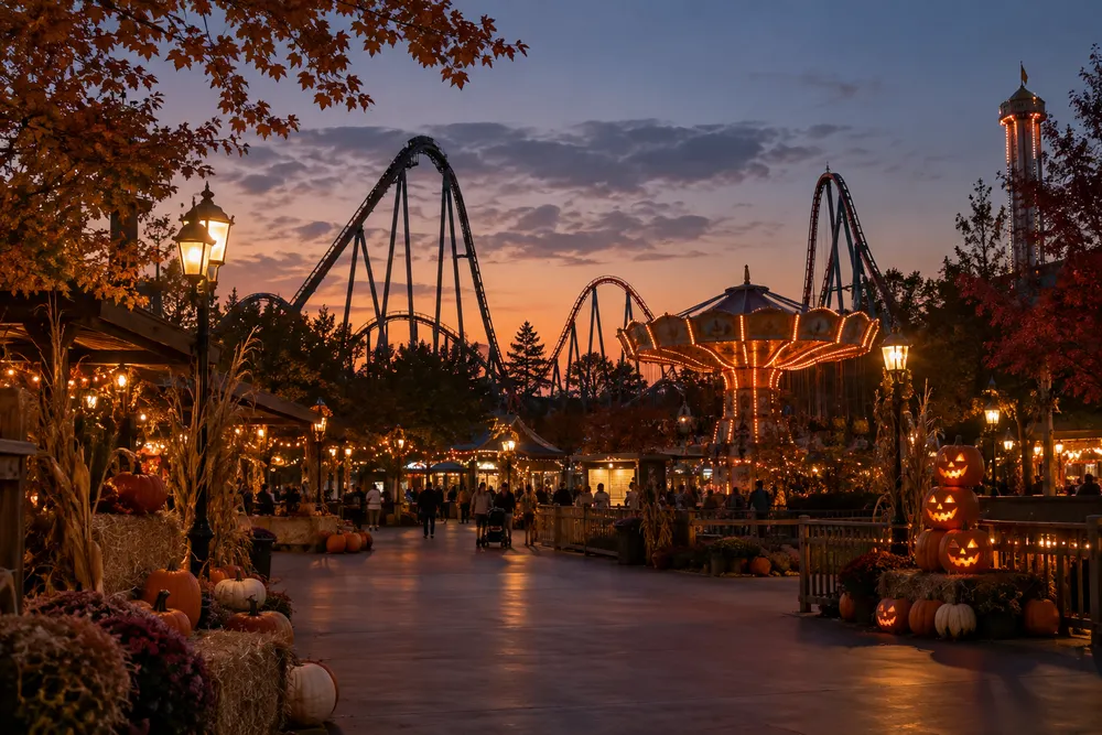 A generic amusement park midway with autumn decorations and a roller coaster at twilight