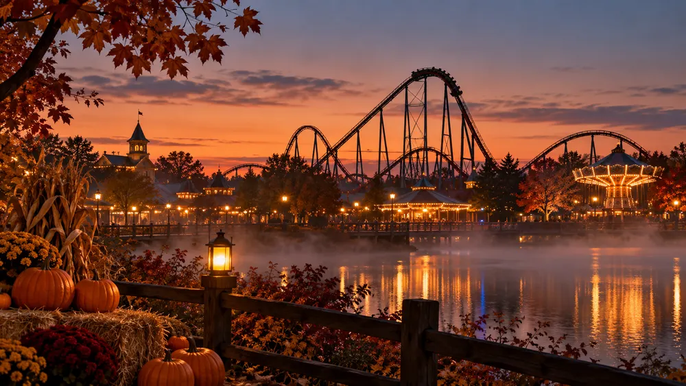 Illustrative autumn amusement park at dusk with a roller coaster silhouette, pumpkins and warm midway lights