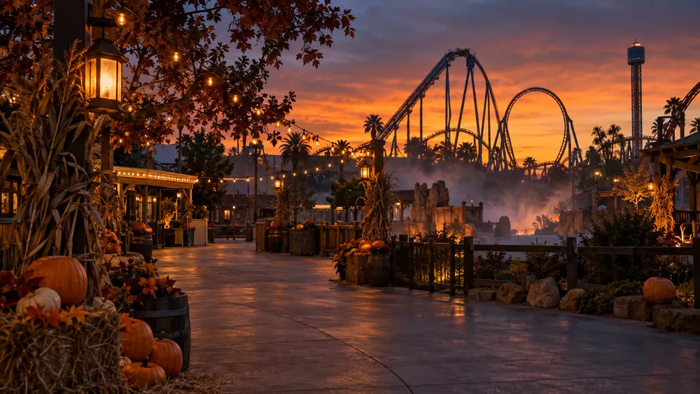 Autumn amusement park midway with pumpkins, warm lights and a roller coaster silhouette at blue hour