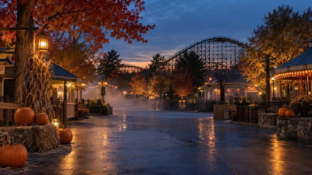 Empty autumn amusement park midway with a wooden roller coaster at dusk