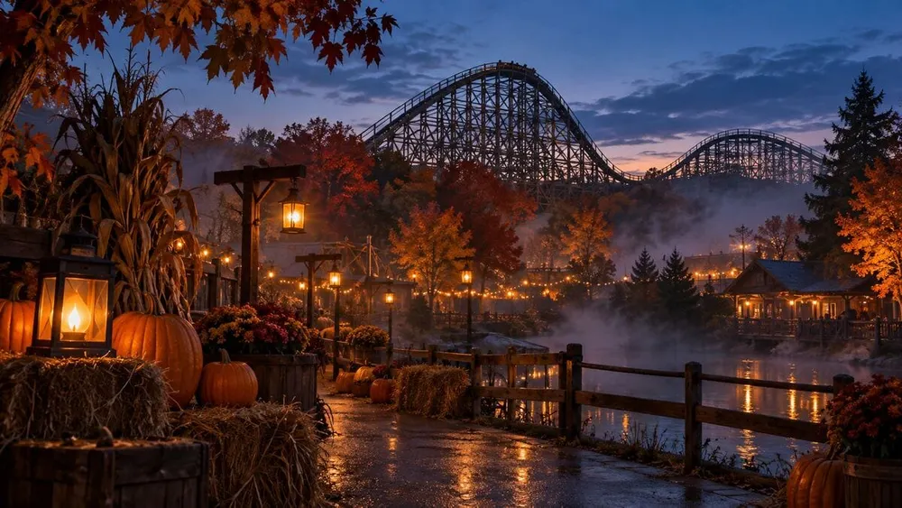 Conceptual autumn view of a wooden roller coaster above pumpkin decorations and warm pathway lights at dusk