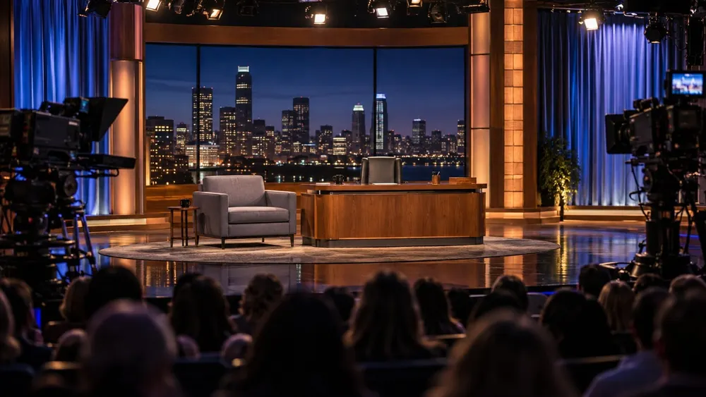 A late-night television studio with an empty host desk, guest chair, cameras and audience before a city skyline