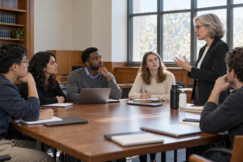 Law students and a professor in a sunlit seminar room discussing legal reasoning around a table