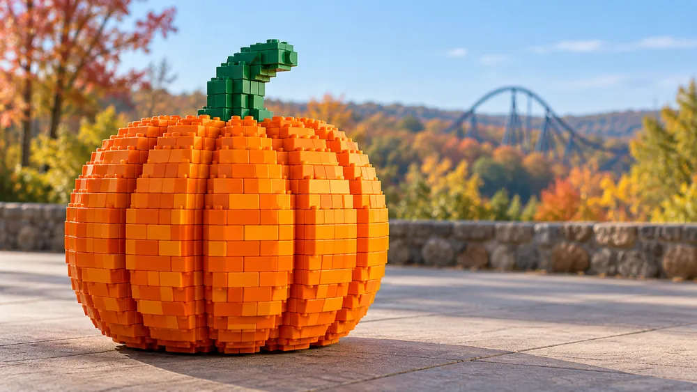 Illustrative brick-built pumpkin beside a family theme-park walkway with fall foliage and a distant roller coaster.
