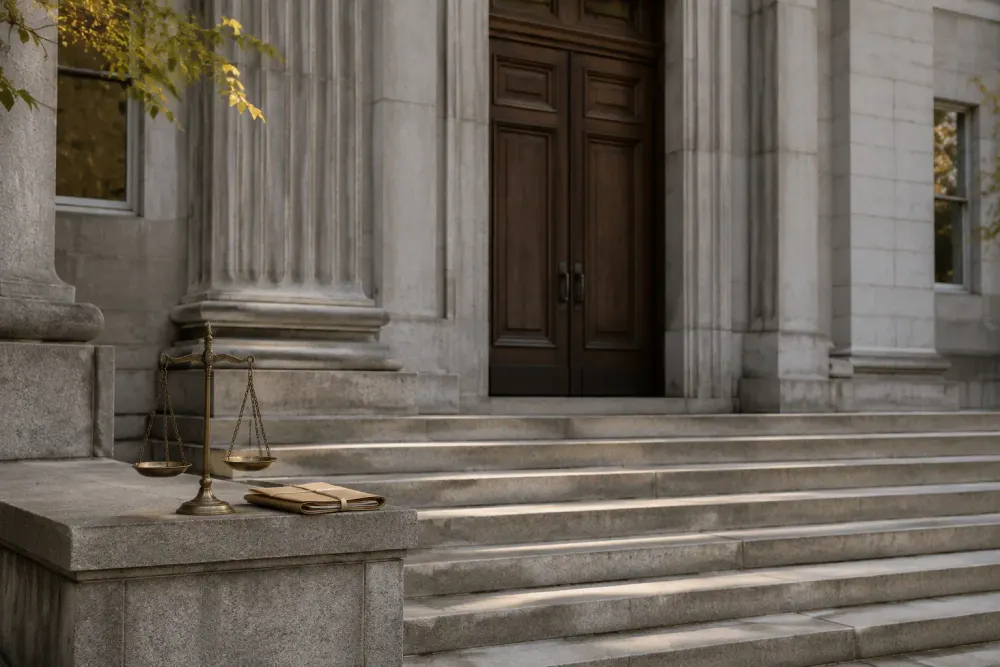 Empty stone courthouse steps and closed doors in late-afternoon light, with a brass balance scale beside a folded legal file.