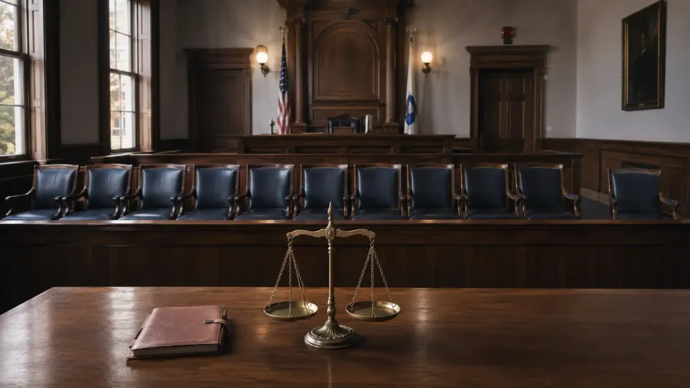An empty courtroom with 12 jury chairs, one separated from the others, and balanced scales of justice in the foreground.