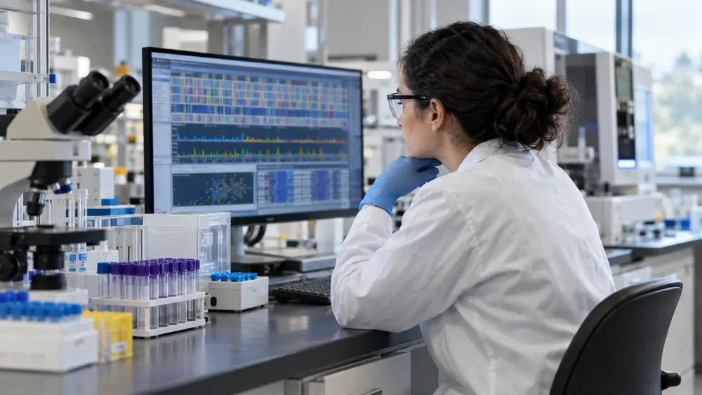 A molecular pathology scientist reviews genomic sequencing data in a hospital laboratory