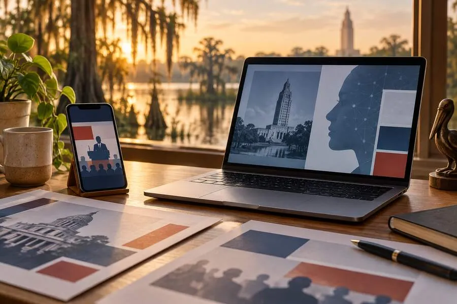 Laptop and smartphone displaying abstract political media graphics on a desk in warm Louisiana light