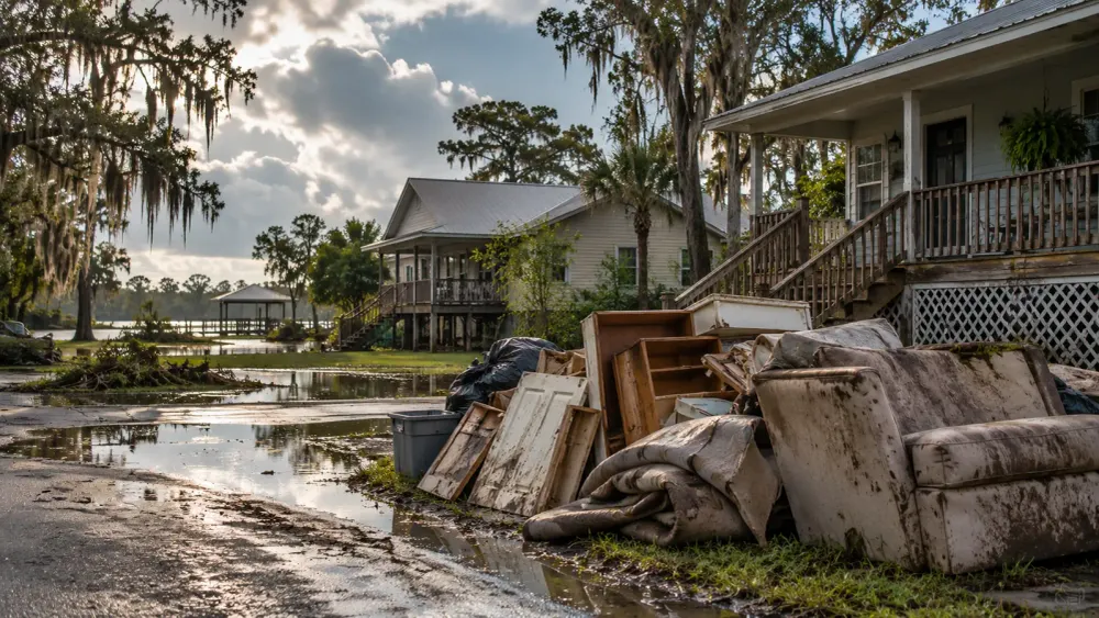 Illustration of a Louisiana neighborhood clearing water-damaged household materials after tropical-storm flooding.