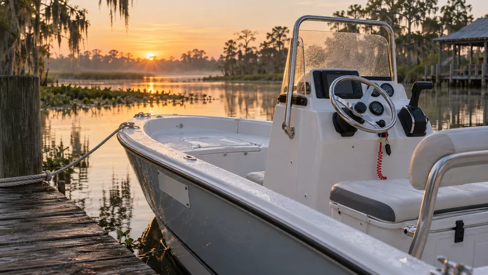 A generic recreational motorboat at a Louisiana bayou dock with a red engine cut-off safety lanyard near the helm.