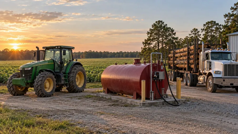 An unbranded farm tractor and logging truck beside a plain fuel tank in a Louisiana agricultural field at sunset.