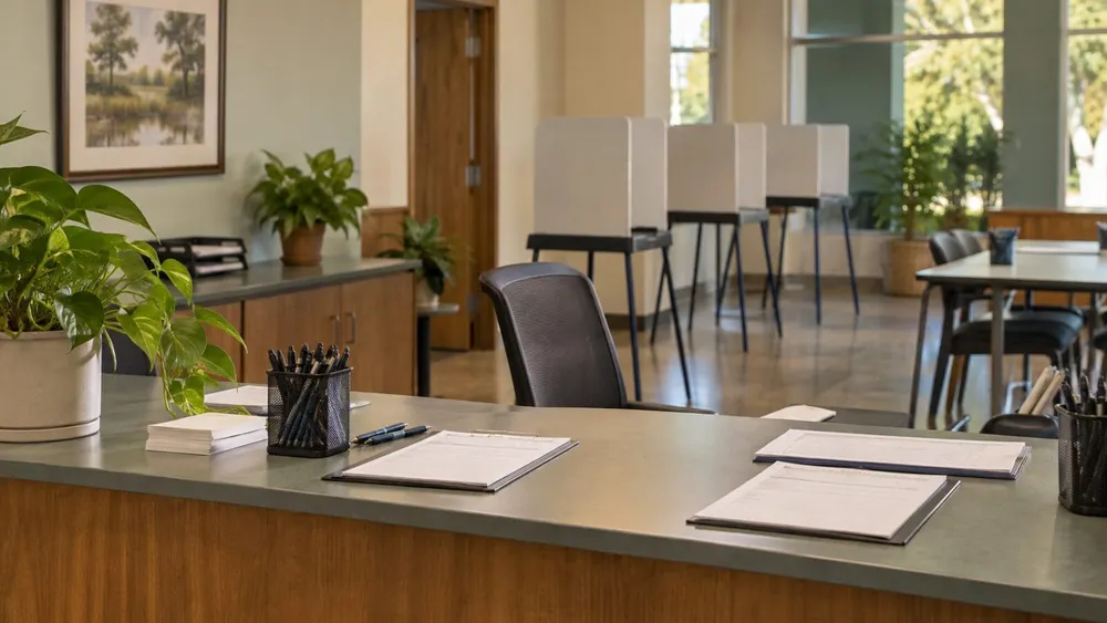 A quiet parish election office prepared with blank forms and privacy booths.