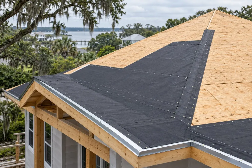 Reinforced residential roof under construction in a Louisiana coastal neighborhood