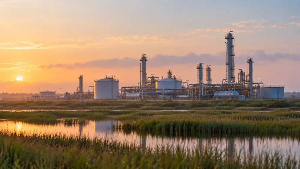 Generic natural-gas processing infrastructure beside Gulf Coast wetlands at sunrise