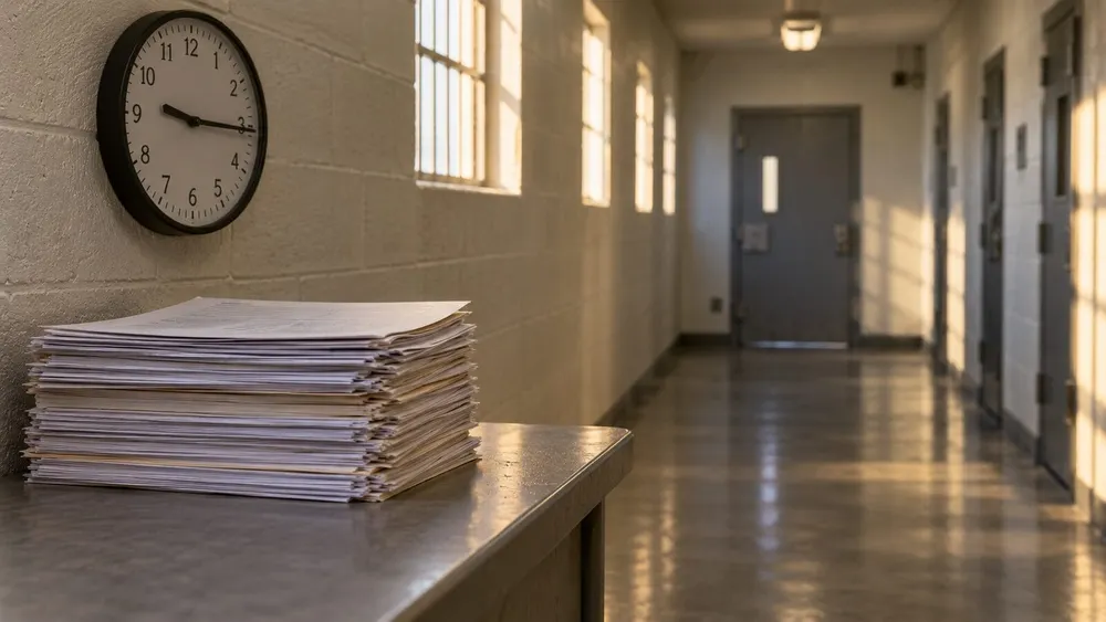 Empty corrections corridor with release paperwork and a clock, illustrating disputed detention calculations in Louisiana.