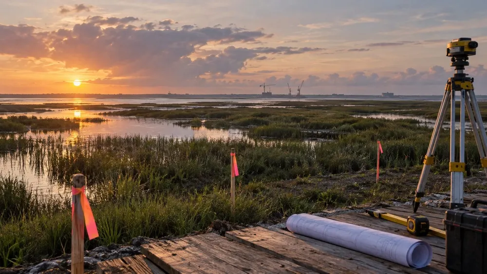 Coastal marsh at sunrise with survey stakes, measuring equipment and an unmarked site plan representing a major Louisiana land transaction.
