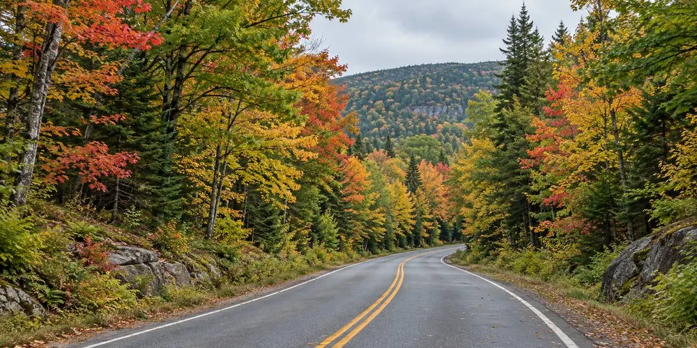 A quiet rural road through a mixed Maine forest showing green, yellow, orange and red late-September foliage.