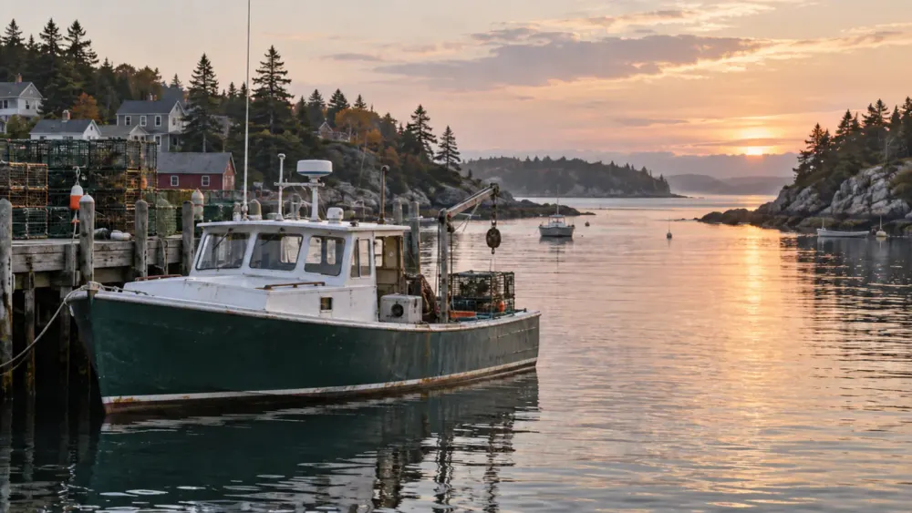 Unbranded lobster boat moored beside stacked traps in a Maine harbor at dawn