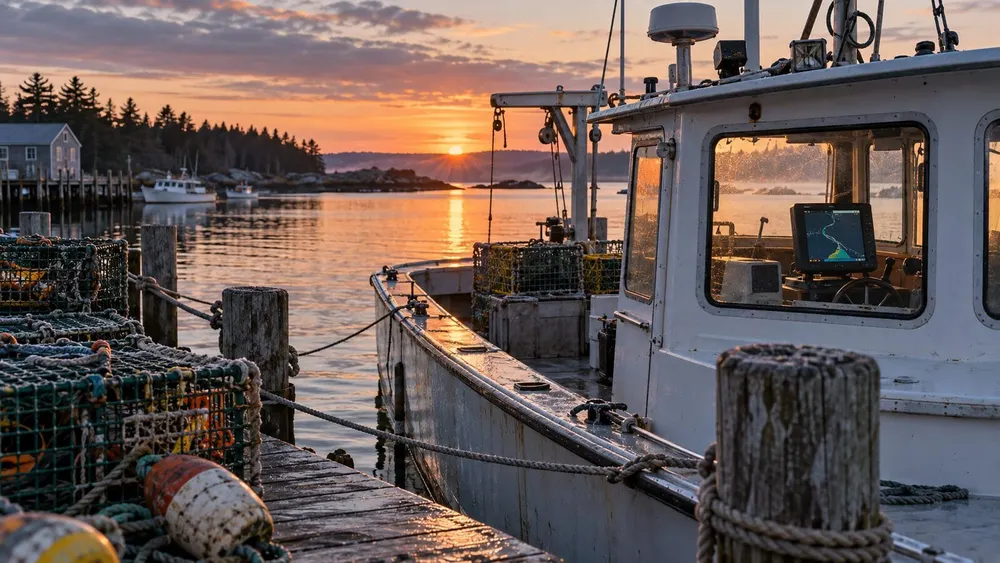 A Maine lobster boat with traps and a generic navigation display at dawn